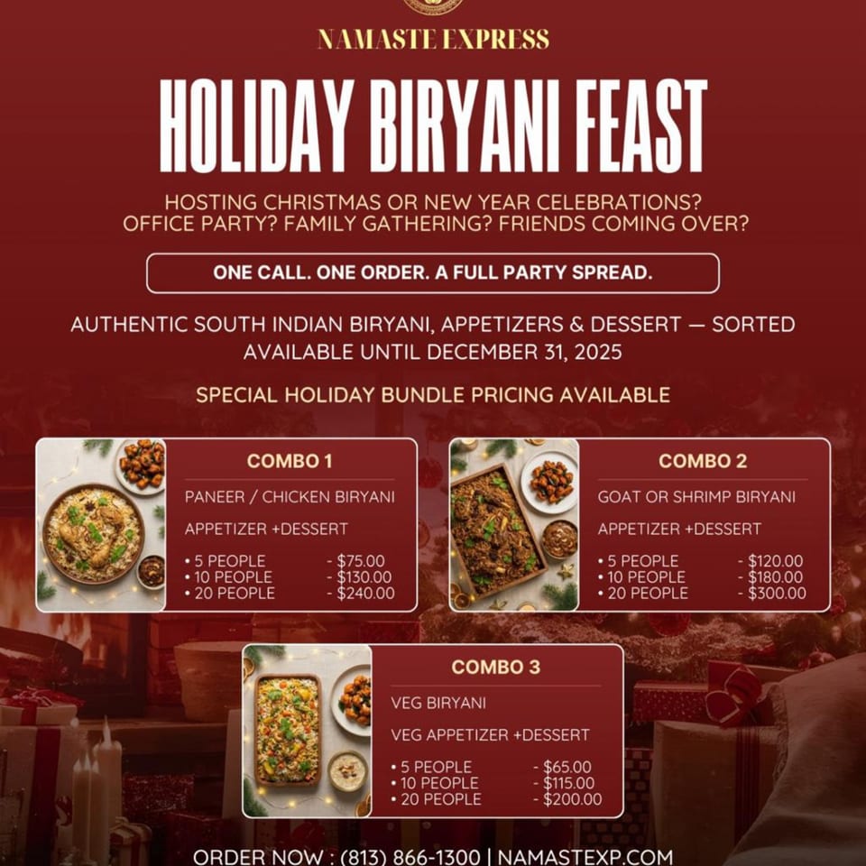 Namaste Express Holiday Biryani Feast menu with three combo options and festive decor.
